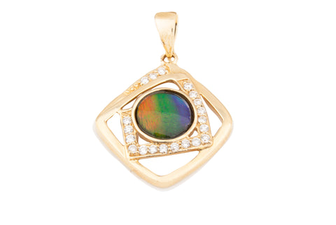 14K AMMOLITE PENDANT 9MM ROUND WITH 26PT DIAMONDS